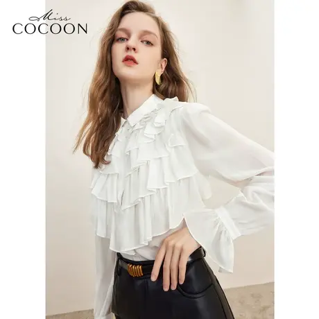 missCOCOON荷叶袖上衣2023冬装新款女装网纱点缀木耳边桑蚕丝衬衫商品大图