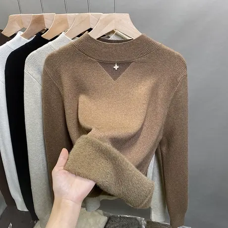 一体绒半高领毛衣女加绒加厚打底衫2024秋冬新款针织衫内搭上衣潮商品大图