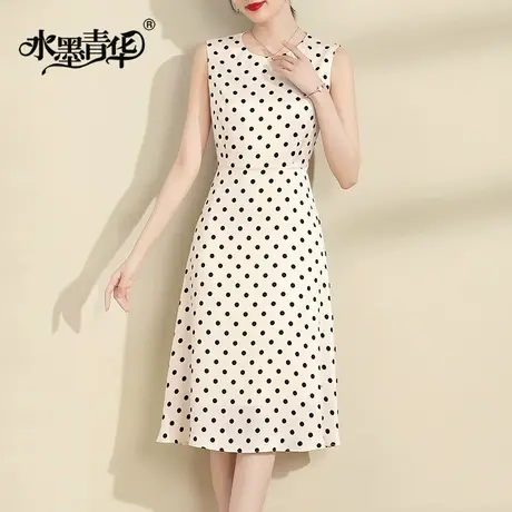 水墨青华2024春装新品百搭背心裙修身显瘦醋酸绒波点无袖连衣裙商品大图