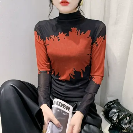 半高领打底衫女长袖网纱印花时尚洋气内塔上衣ins修身显瘦T恤加绒图片