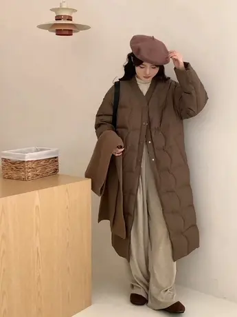 韩系宽松慵懒风围巾中长款过膝羽绒服外套女冬季新国标白鸭绒上衣图片