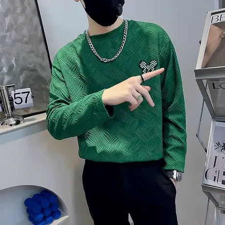 秋季高领T恤长袖小衫打底衫修身浮雕花色个性痞帅上衣潮牌ins卫衣商品大图