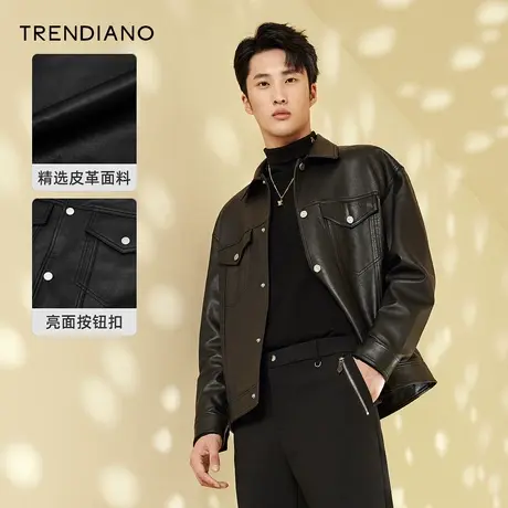 TRENDIANO官方潮牌秋冬新款男装棉羊皮真皮皮衣男衬衫领夹克外套商品大图