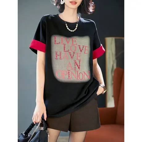 宝诗黎圆领字母钉珠短袖T恤2024春季新款休闲印花短款女装上衣潮商品大图