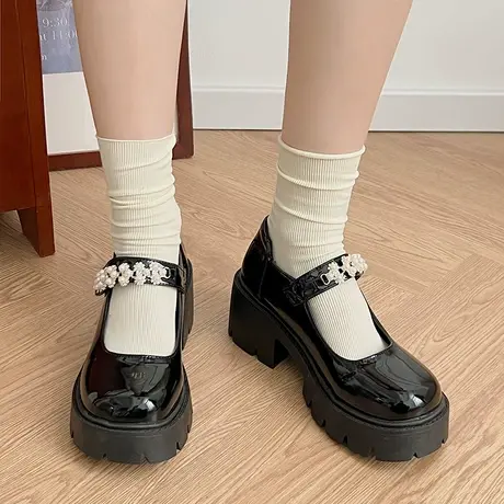 法式玛丽珍鞋女2024年春秋季新款时尚浅口高跟单鞋防滑粗跟小皮鞋商品大图