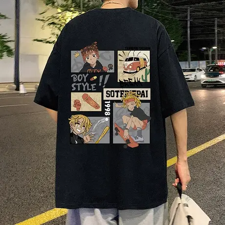 纯棉宽松短袖T恤男夏季2024新款美式半袖潮牌卡通印花男装体恤衫t图片