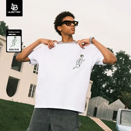 Lilbetter幸运手势男士短袖t恤刺绣体恤复古高街半袖简约美式衣服商品大图