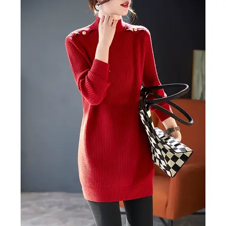 宝诗黎半高领中长慵懒毛衣2024春季简约气质新款百搭红色针织上衣图片