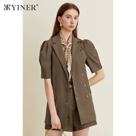 YINER音儿女装夏季西装领短袖中长款外套图片