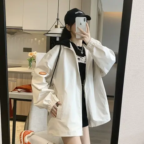 唐狮2022新款工装外套女春秋可拆卸针织连帽上衣宽松休闲白色风衣商品大图