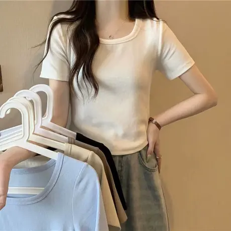 洋气时髦百搭短袖T恤女早春夏装纯棉打底衫短款修身显瘦方领上衣图片