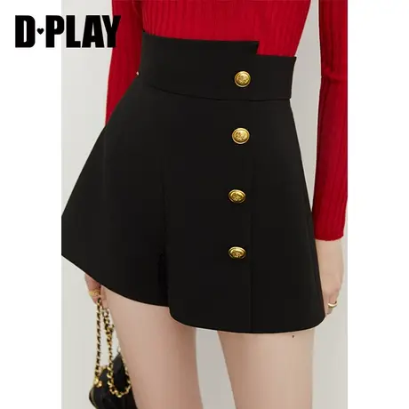 DPLAY春新气质通勤不对称高腰节小开衩金属扣短裤裤王商品大图