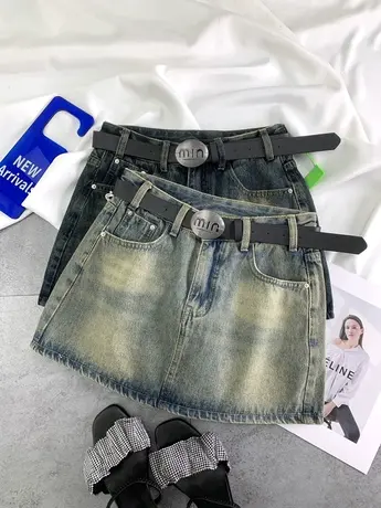 欧洲站复古磨白牛仔短裙2024春夏新款显瘦百搭高腰裙防走光a字裙商品大图