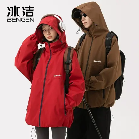 冰洁户外工装冲锋衣男女2024新款本命年红色三防情侣防水连帽夹克商品大图