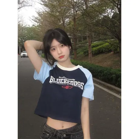 拼色插肩短袖t恤女小个子夏季修身显瘦美式bm辣妹风短款露脐上衣商品大图
