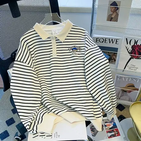 古着polo领条纹卫衣女春秋季薄款宽松设计感美式复古高街上衣潮牌商品大图