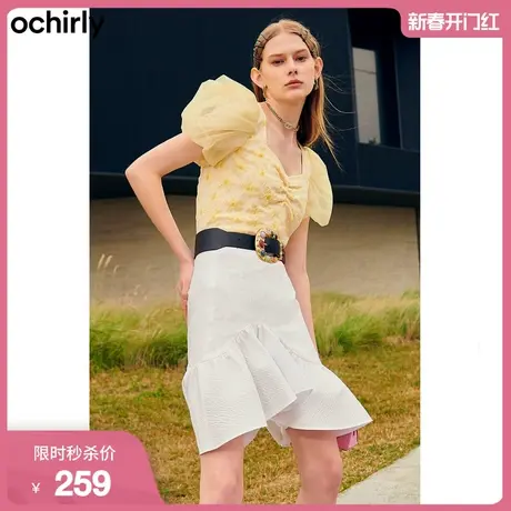 ochirly欧时力新款夏装心形领织花纱袖短针织衫女1WY203049F图片