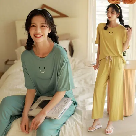 新款家居服可出门女休闲套装夏季薄款短袖长裤外穿可爱宽松睡衣商品大图