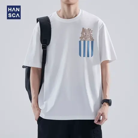hansca 210g重磅短袖T恤男日系潮流简约宽松大码圆领白色印花上衣商品大图