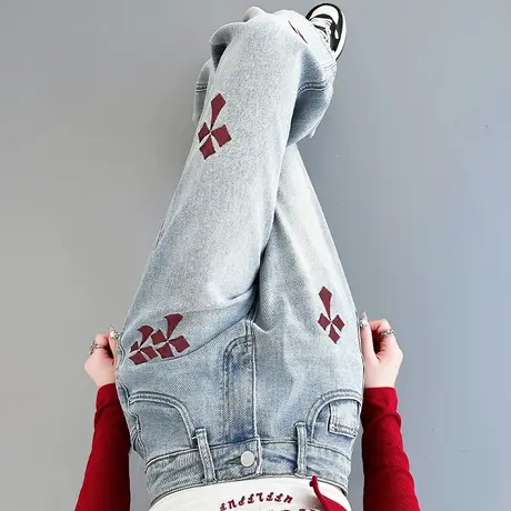 直筒牛仔裤女2024年新款梨形身材大码宽松显瘦高腰拖地刺绣阔腿裤商品大图