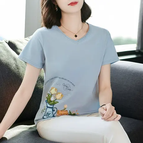 精致设计感V领短袖t恤衫时尚大码女装气质中年妈妈夏装刺绣上衣棉商品大图