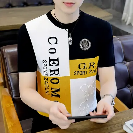 针织短袖t恤男夏季潮牌帅气冰丝弹力打底衫个性拼色创意新款体恤商品大图