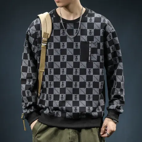 2023新款男生潮牌棋盘格子重磅长袖卫衣秋季男款圆领上衣服春秋款图片