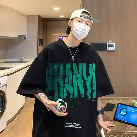 夏季新款纯棉圆领短袖t恤男美式字母印花薄款休闲半袖情侣打底衫商品大图