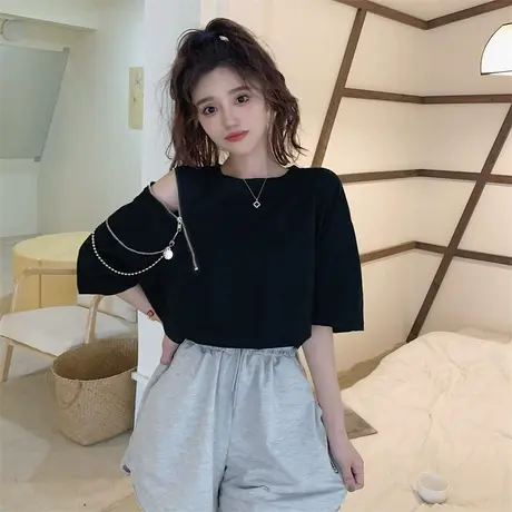 夏季大码露肩拉链短袖t恤女设计感小众宽松遮肚子上衣潮200斤胖mm商品大图