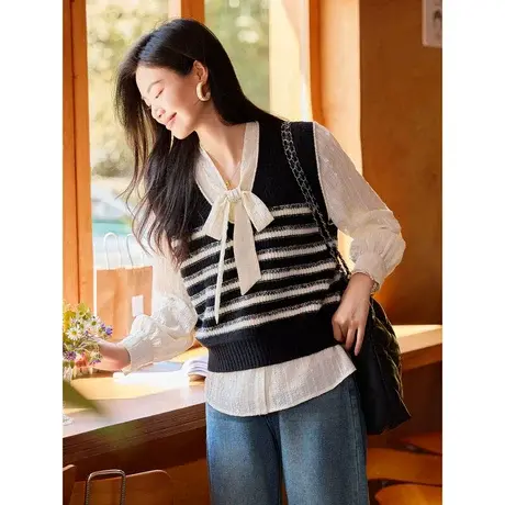 时尚针织条纹马甲2023年秋季新款女士简约宽松显瘦通勤V领上衣商品大图