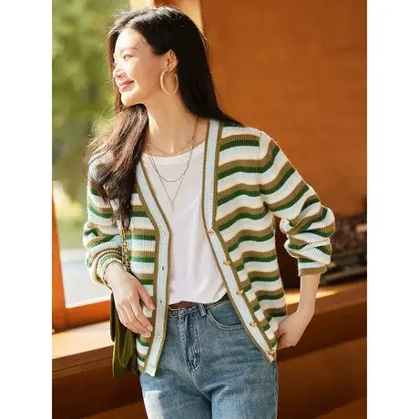 时尚气质条纹毛针织开衫2023秋季新款女士长袖宽松百搭温柔毛衣商品大图