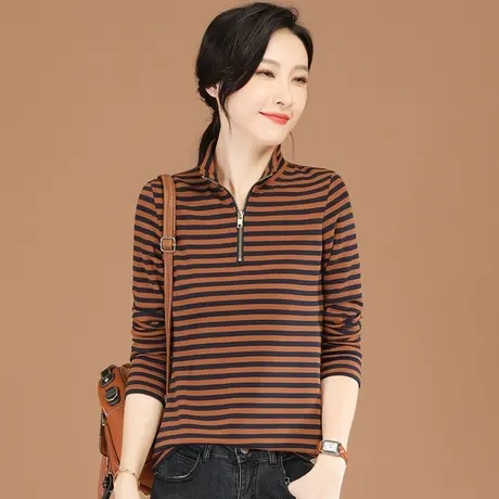 韩潮袭人拉链立领条纹打底衫上衣女2023年秋季新款百搭长袖t恤图片