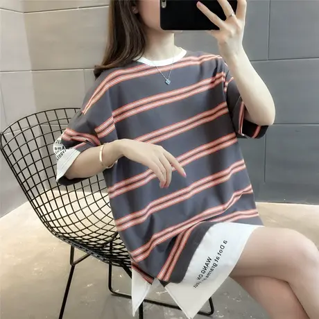 2023新款夏季t恤条纹拼接字母韩版女士短袖学生百搭宽松显瘦上衣图片