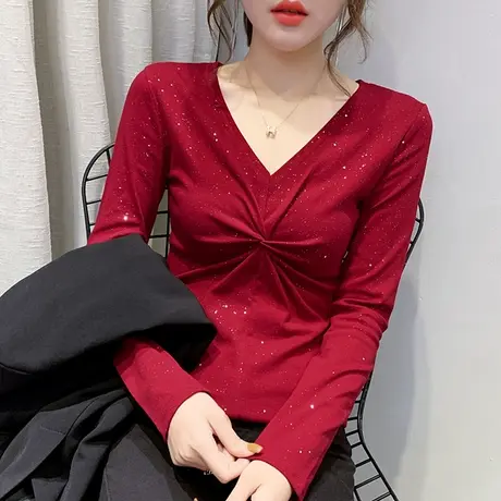 2023新款潮流女装性感V领打结T恤女长袖春秋设计感洋气上衣打底衫商品大图