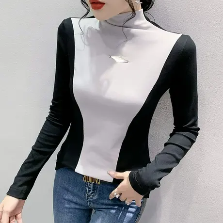 初秋半高领打底衫女内搭洋气百搭显瘦长袖T恤撞色拼接上衣设计感商品大图