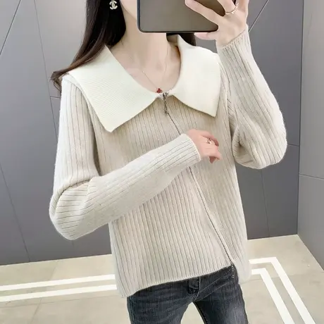 秋装2023新款娃娃领拉链开衫外套韩版洋气百搭外穿设计感毛衣宽松商品大图