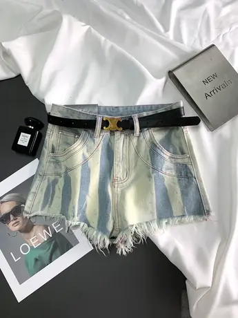 美式毛边条纹撞色高腰辣妹牛仔热裤女2023夏季洋气设计感a字热裤商品大图