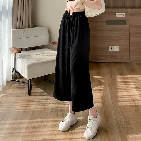 松紧腰阔腿裤女夏季薄款2023新款黑色裤子休闲女裤八分九分直筒裤商品大图