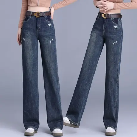 胖MM牛仔阔腿裤女秋季宽松大码新款破洞休闲裤时尚韩版百搭直筒裤商品大图