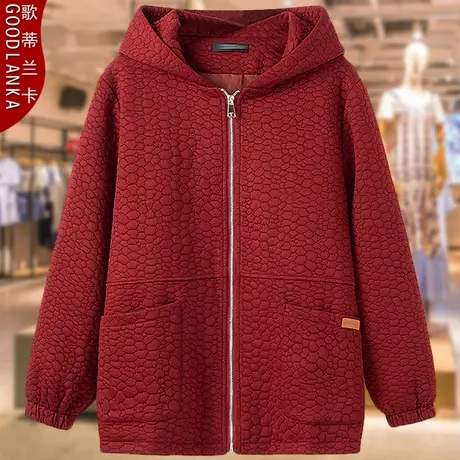 中年胖妈妈秋装夹棉拉链衫夹克大码中老年女洋气提花连帽休闲外套商品大图