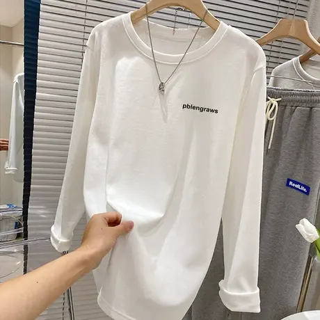 白色t恤女长袖打底衫内搭韩版纯棉2022年秋冬洋气百搭中长款上衣商品大图