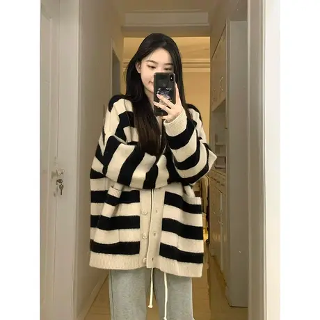 日系复古毛衣女秋冬加厚宽松小香风高级感慵懒风上衣针织开衫外套商品大图