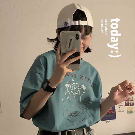 ins潮港味卡通可爱宽松上衣2023夏季新款纯棉百搭短袖T恤女学院风商品大图