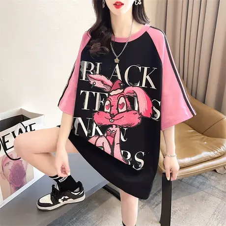 小众设计感短袖t恤女夏装韩版宽松大码中长款撞色涂鸦半袖上衣服图片