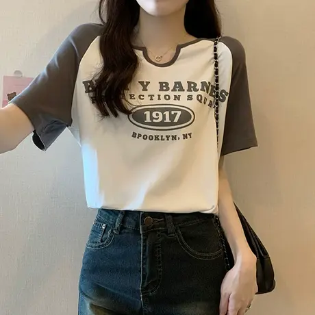 美式复古高街设计感插肩短袖t恤女夏季2023新款港风短款上衣潮牌商品大图