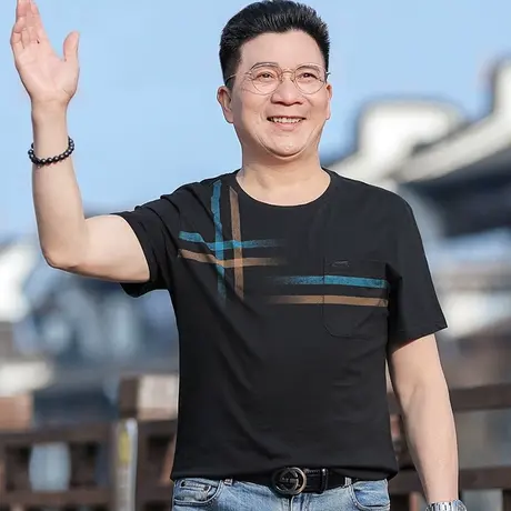 爸爸t恤短袖100%纯棉全有口袋夏季薄款中年男士体恤衫老人上衣服商品大图