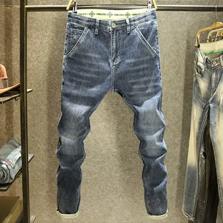 休闲百搭牛仔裤男款个性斜口袋长裤夏季薄款深色面料柔软修身裤子商品大图