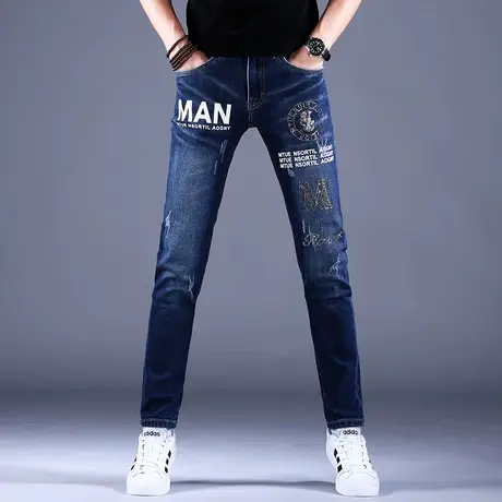 男士蓝色印花牛仔裤男2023新款秋款男款高端修身小脚裤子休闲弹力商品大图