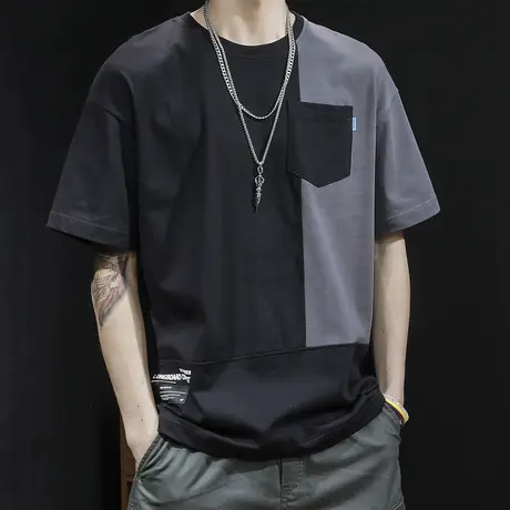 短袖t恤男夏季宽松ins潮牌2023新款大码加肥加大男士体恤半袖拼接商品大图