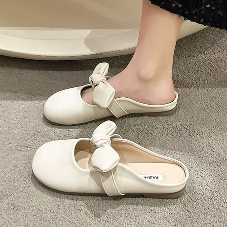 半拖鞋女新款2023年夏季外穿仙女风半包头单鞋外出软底蝴蝶结凉拖商品大图